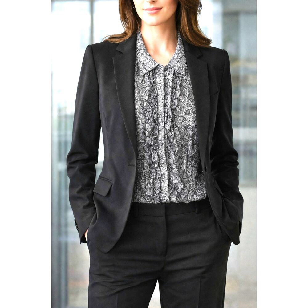 Joan Rivers Gray Paisley Ruffle Blouse Size 16 Sheer Button Front Tuxedo Top
